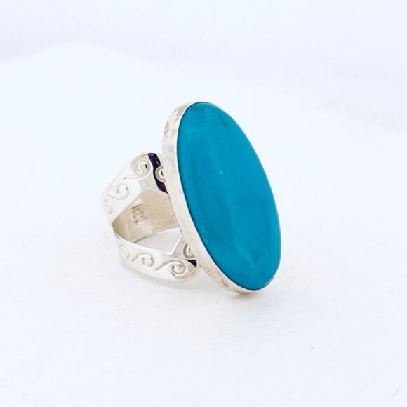 Designer Jewelry - Bold Statement Turquoise Ring Sterling Silver 925 Filigree Band Size 9.5, 13.42g